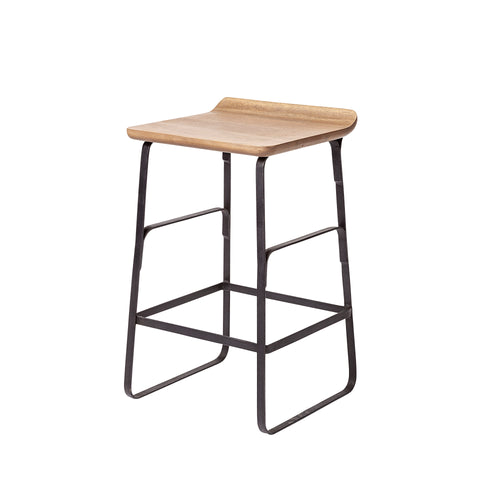 Bar stool with wooden seat and black metal frame on a white background