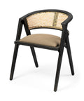 Chair with black frame and woven backrest on a white background