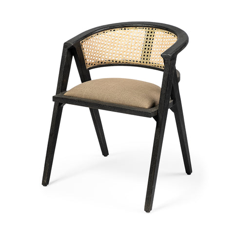 Chair with black frame and woven backrest on a white background