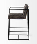 Bar stool with black metal frame and gray cushioned seat on a white background