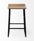 Bar stool with wooden seat and black metal legs on a white background
