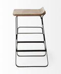Wooden stool with black metal frame on a white background