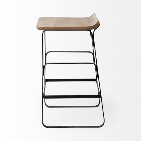 Wooden stool with black metal frame on a white background