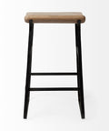 Wooden stool with black metal legs on a white background