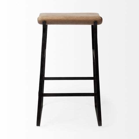 Wooden stool with black metal legs on a white background