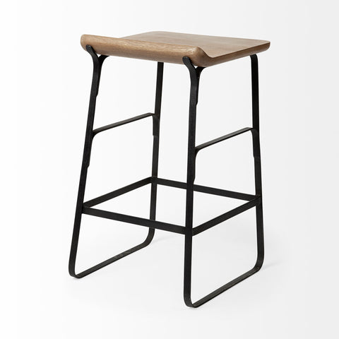 Bar stool with wooden seat and black metal frame on a white background