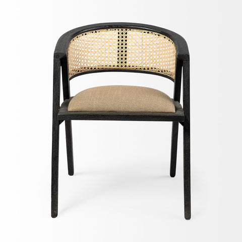 Chair with wicker back and cushioned seat on a white background