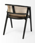 Chair with black frame and woven backrest on a white background