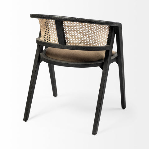 Chair with black frame and woven backrest on a white background