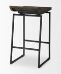 Bar stool with wooden seat and black metal frame on a white background