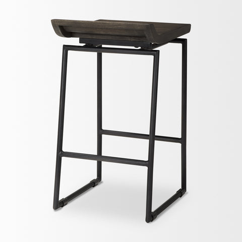Bar stool with wooden seat and black metal frame on a white background