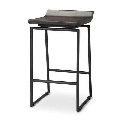Bar stool with wooden seat and black metal frame on a white background