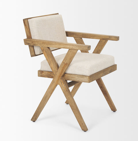 Wooden chair with beige cushion on a white background