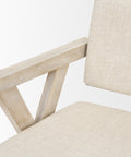 Close-up of a beige chair with wooden armrests on a white background