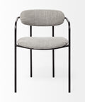 Gray upholstered chair with black metal frame on a white background