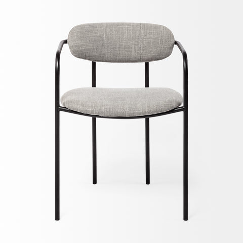 Gray upholstered chair with black metal frame on a white background