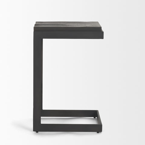 Black metal side table on a white background