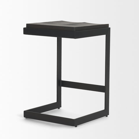 Black metal side table on a white background