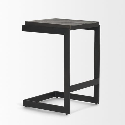 Black metal side table on a white background