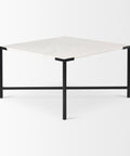 Square table with white top and black metal frame on a white background