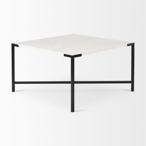 Square table with white top and black metal frame on a white background