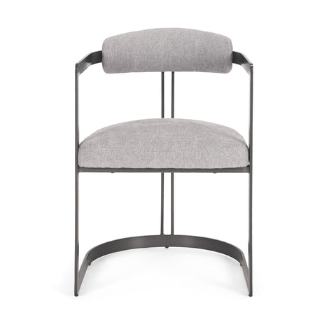 Gray upholstered chair with black metal frame on a white background