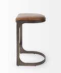 Bar stool with brown leather seat and metal frame on a white background