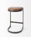Bar stool with brown cushioned seat and metal frame on a white background