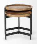 Two-tiered wooden side table with black metal frame on a white background