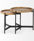 Set of two round wooden tables with metal legs on a white background