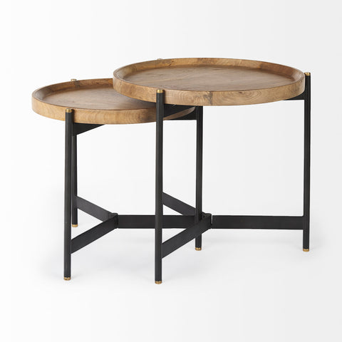 Set of two round wooden tables with metal legs on a white background