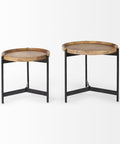 Two round side tables with wooden tops and metal frames on a white background