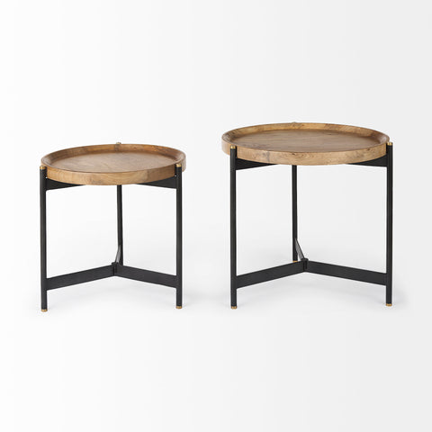 Two round side tables with wooden tops and metal frames on a white background