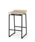 Bar stool with a beige seat and black metal frame on a white background
