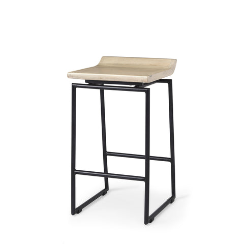 Bar stool with a beige seat and black metal frame on a white background