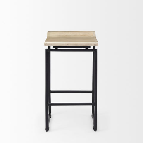 Bar stool with wooden seat and black metal frame on a white background