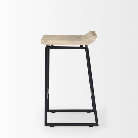 Bar stool with wooden seat and black metal frame on a white background
