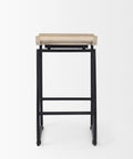 Bar stool with black metal frame and beige seat on a white background