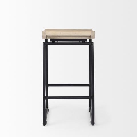 Bar stool with black metal frame and beige seat on a white background