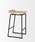 Bar stool with a wooden seat and black metal frame on a white background