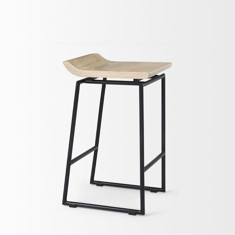 Bar stool with a wooden seat and black metal frame on a white background
