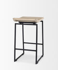 Bar stool with a beige seat and black metal frame on a white background