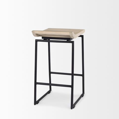 Bar stool with a beige seat and black metal frame on a white background