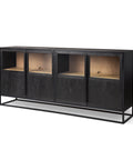 Black metal sideboard with glass panels on a white background