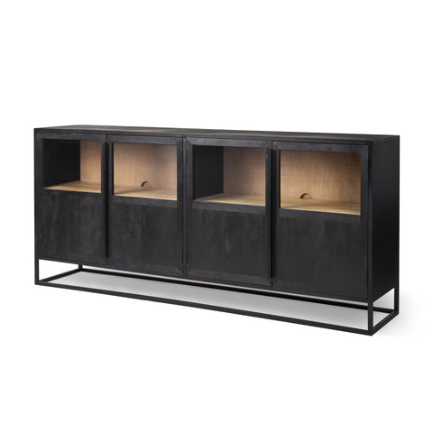 Black metal sideboard with glass panels on a white background