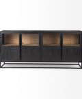 Black metal sideboard with glass panels on a white background