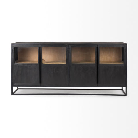 Black metal sideboard with glass panels on a white background