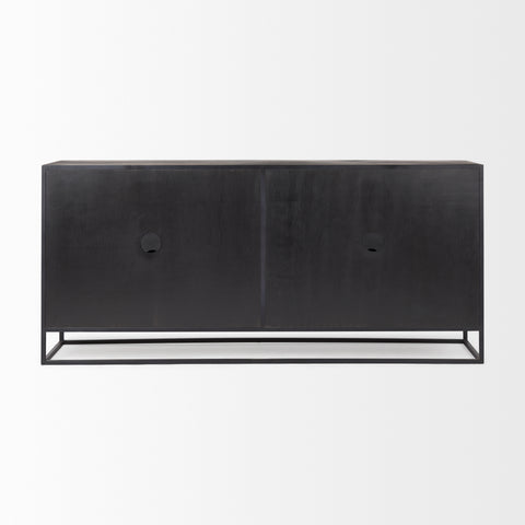 Black wooden sideboard with metal frame on a white background