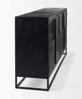 Black modern sideboard with glass panels on a white background