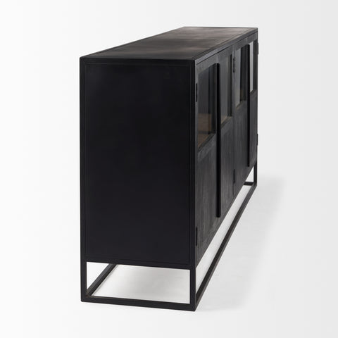 Black modern sideboard with glass panels on a white background